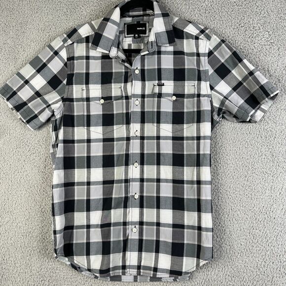 Hurley Shirt Men Medium Black Gray Plaid Button Casual Flap Pocket Surfer Skater - Picture 1 of 10